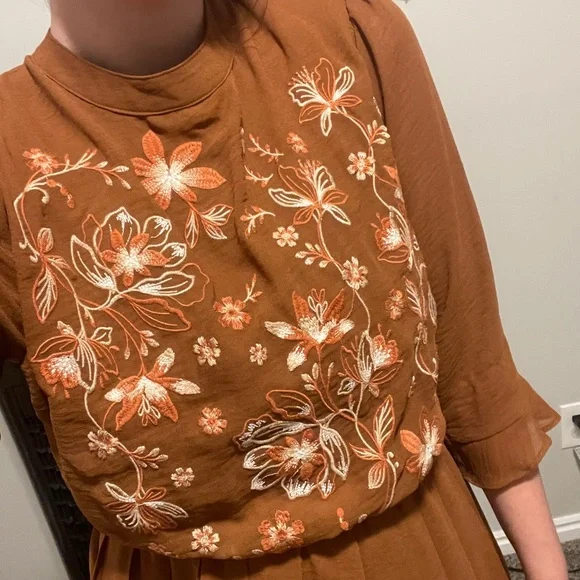 Savannah Jane, knee length, modest, dress, burnt orange, orange, embroidered